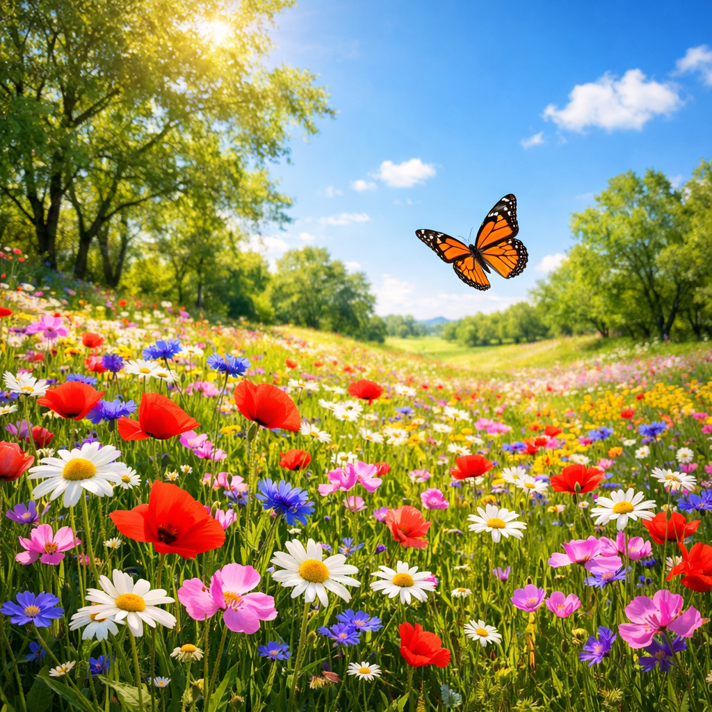 Vibrant Spring Meadow with Wildflowers and Butterfly
